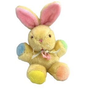 Commonwealth Yellow & Multicolor Bunny Plush Vintage Felt Tongue Pink Eyes 12"